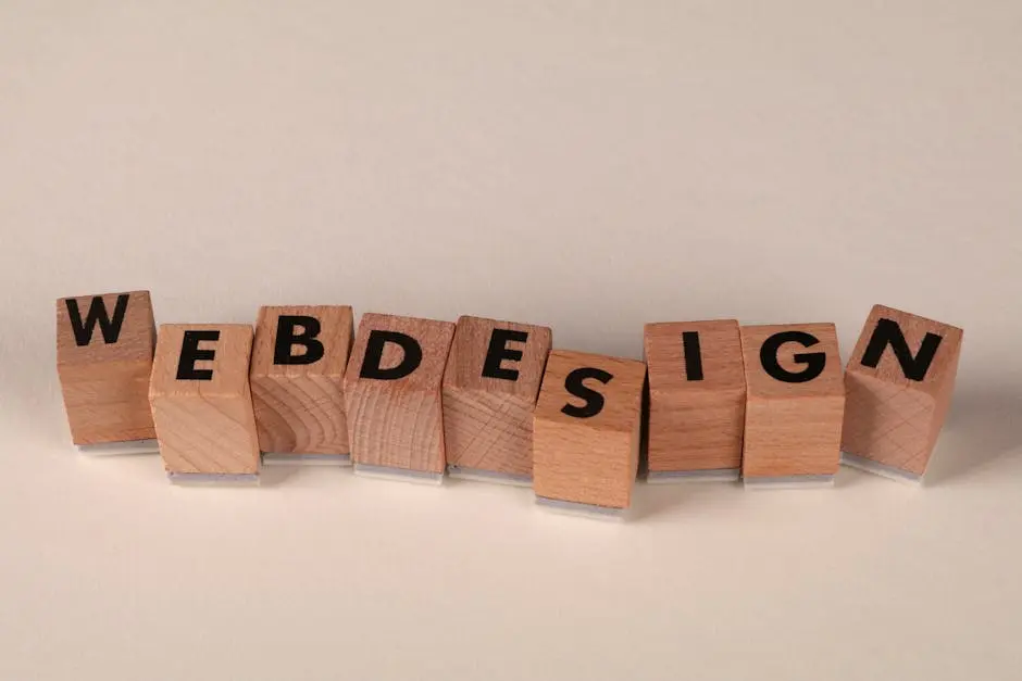 Wooden blocks spelling &lsquo;web design&rsquo; creatively showcase digital design concept.