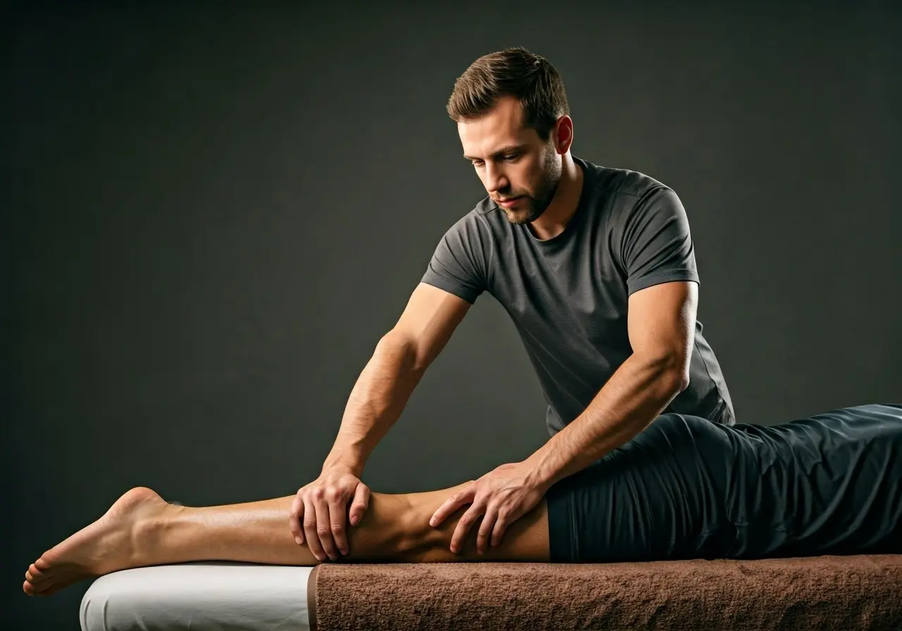 A sports massage therapist working on an athlete’s leg. 35mm stock photo
