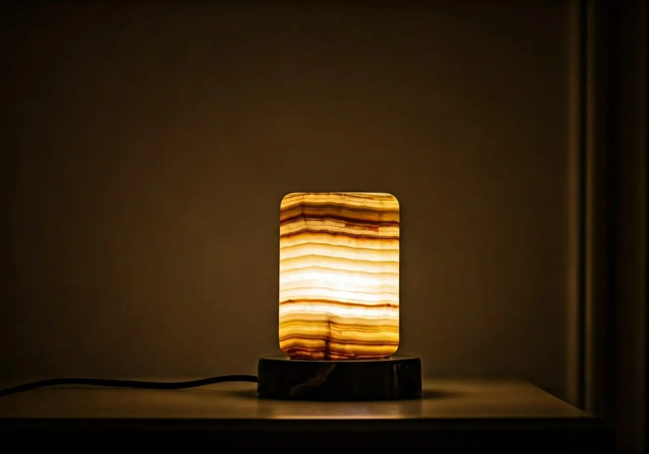 A glowing onyx lamp casts a warm light in a room. 35mm stock photo