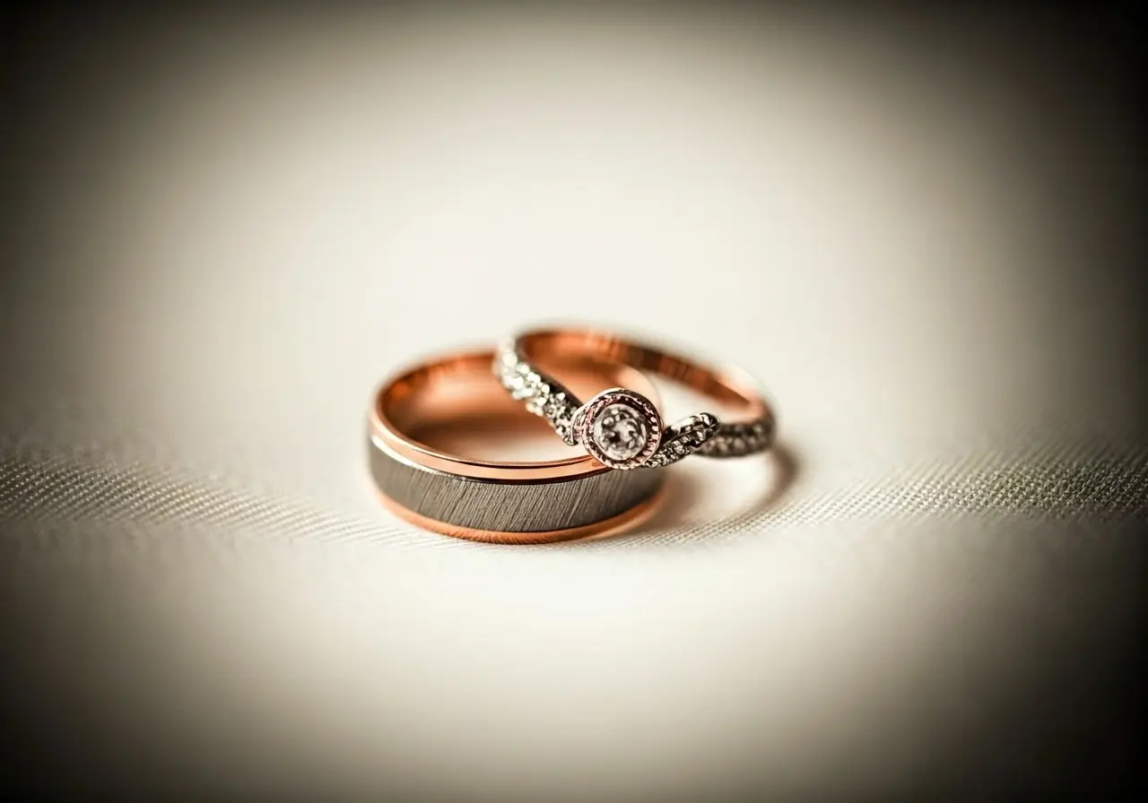 Two intertwined wedding rings on a soft, white silk cloth. 35mm stock photo