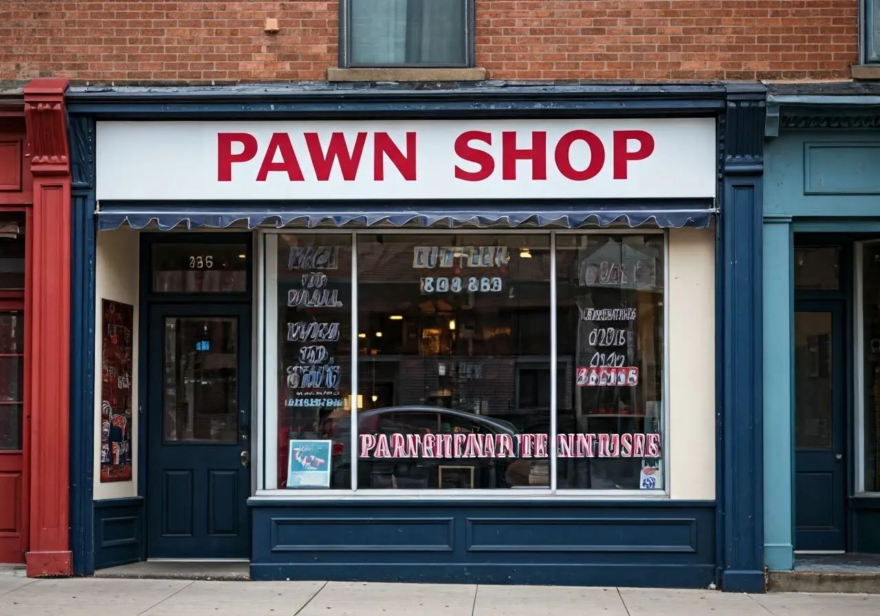A storefront with a large Pawn Shop sign and window. 35mm stock photo