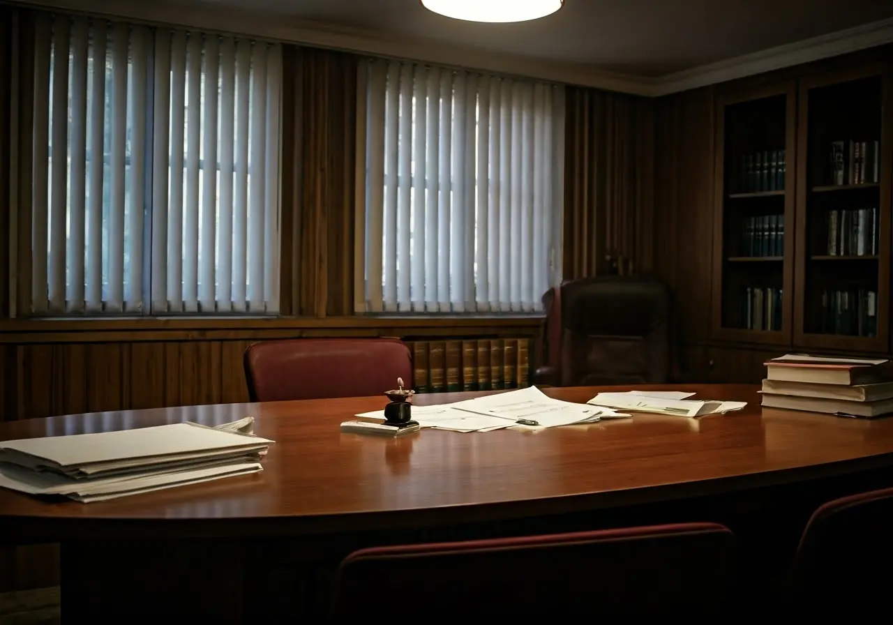 A law firm’s conference room with legal books and papers. 35mm stock photo