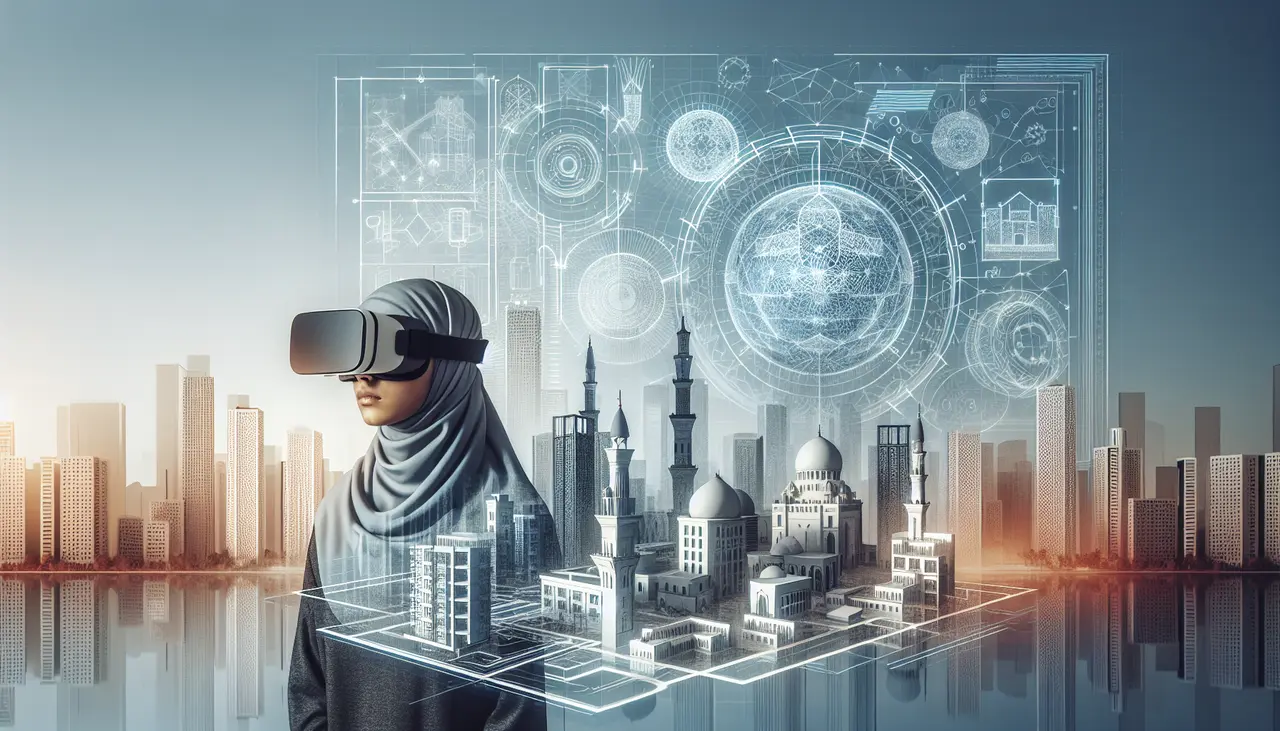 Draw a graphic in flat design style. A minimalist cityscape with a person wearing a VR headset, surrounded by holographic architectural designs.