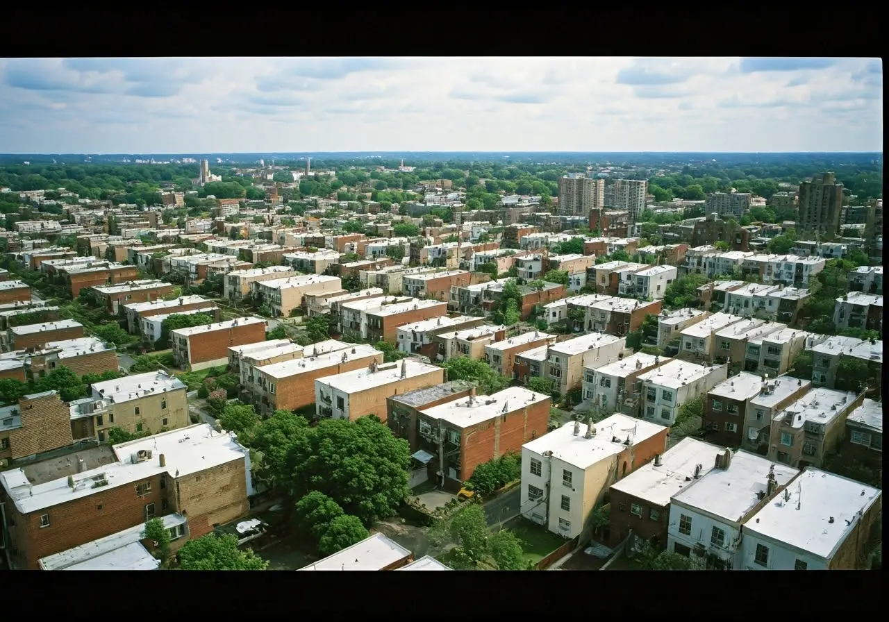 Aerial view of Flushing neighborhood with diverse architectural styles. 35mm stock photo