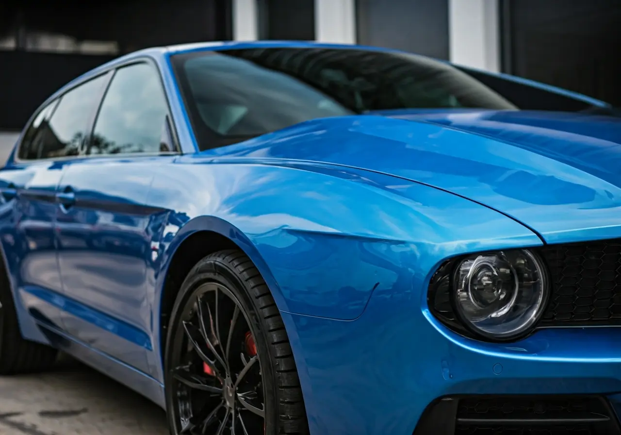 A shiny blue car reflecting sunlight after ceramic coating treatment. 35mm stock photo