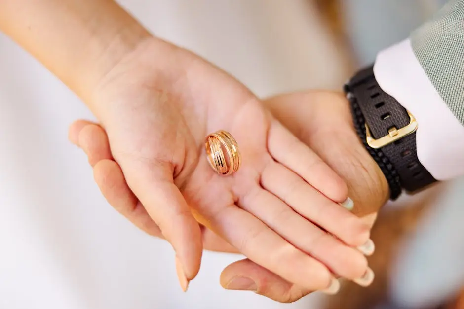 Intimate close-up of wedding rings held in hands, symbolizing love and commitment.
