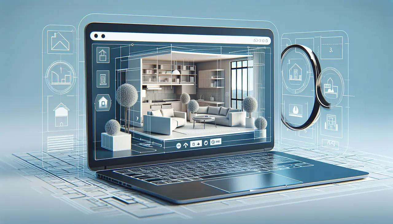Draw a graphic in flat design style. A laptop displaying a 3D model of an apartment, with virtual navigation icons like arrows and magnifying glass, all in a clean, flat design style.