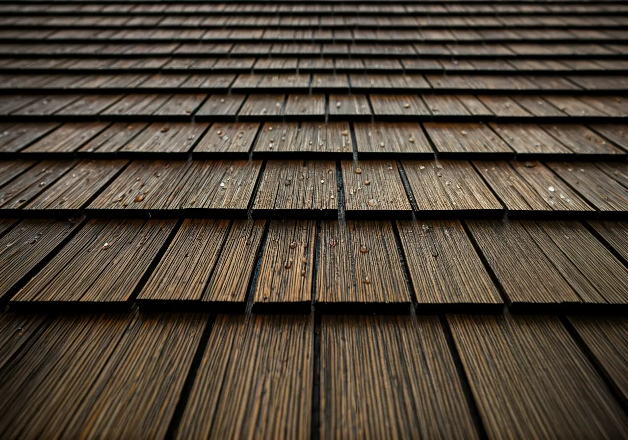 Close-up of weathered cedar shingles with visible raindrops. 35mm stock photo