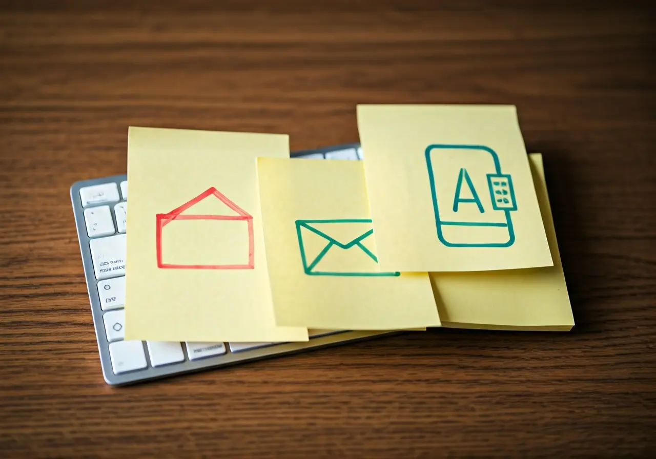 A computer keyboard with sticky notes featuring app development icons. 35mm stock photo