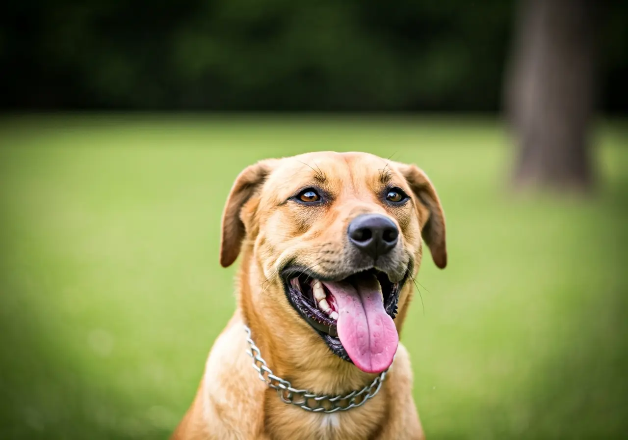 A smiling dog in a park during a training session. 35mm stock photo