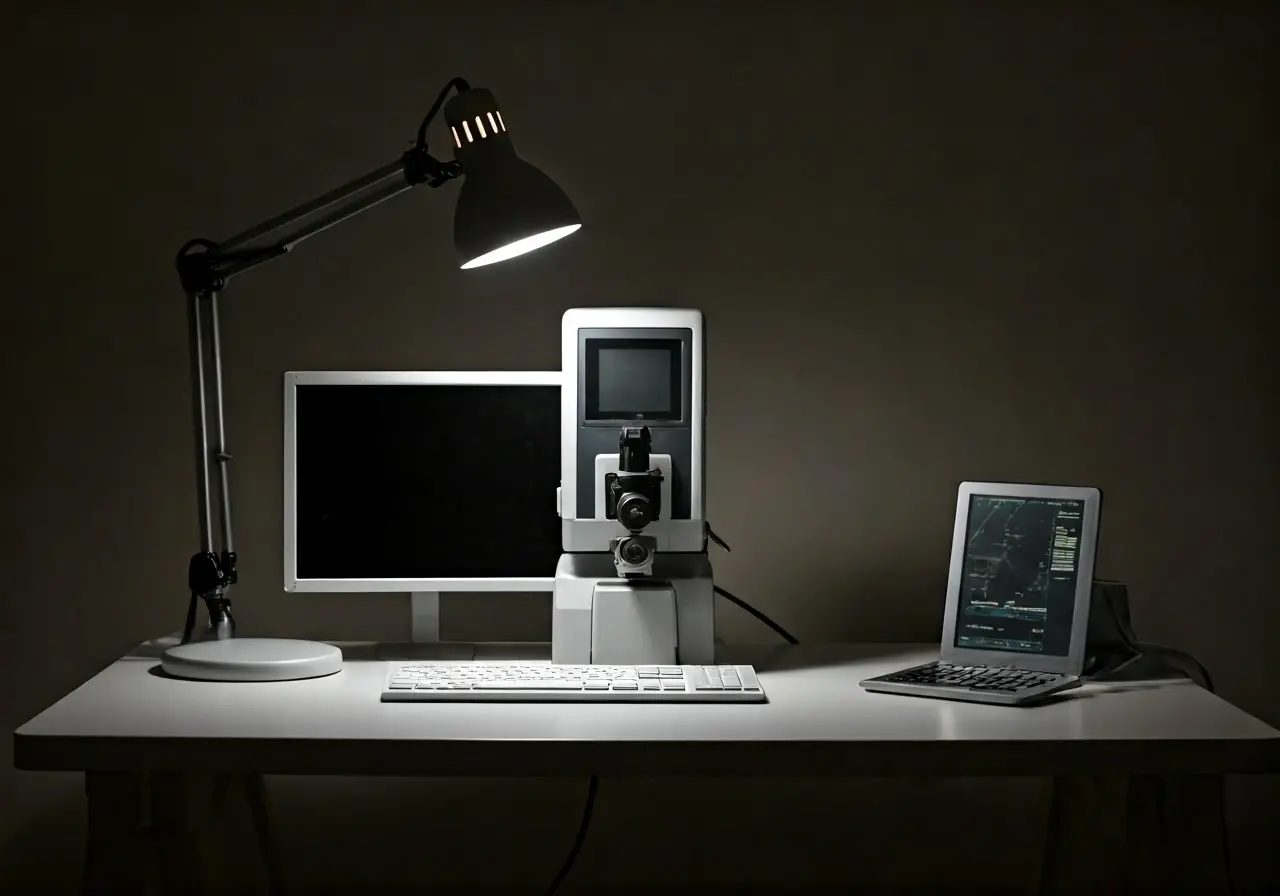 A tidy imaging desk featuring ergonomic equipment and soft lighting. 35mm stock photo