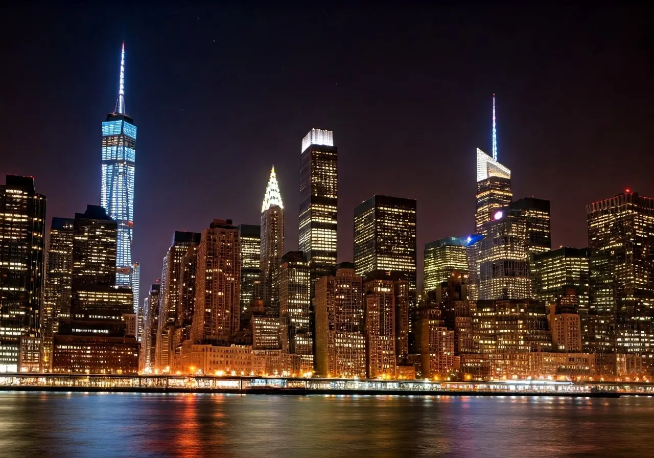 Nighttime NYC skyline with iconic landmarks illuminated brightly. 35mm stock photo