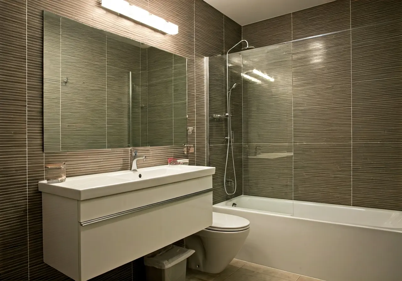 Modern bathroom with elegant tiles and sleek fixtures in Mississauga. 35mm stock photo