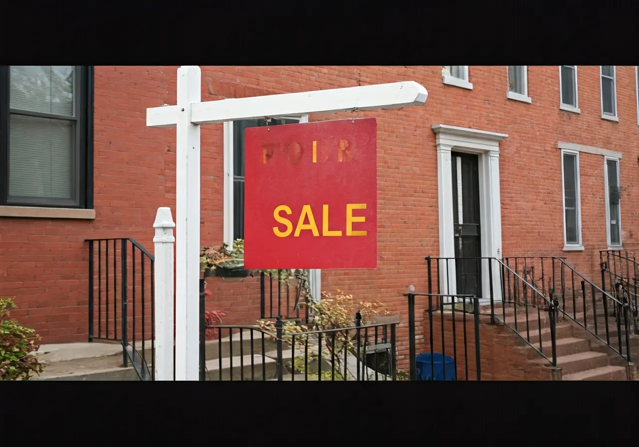 A for-sale sign on a charming Baltimore row house. 35mm stock photo