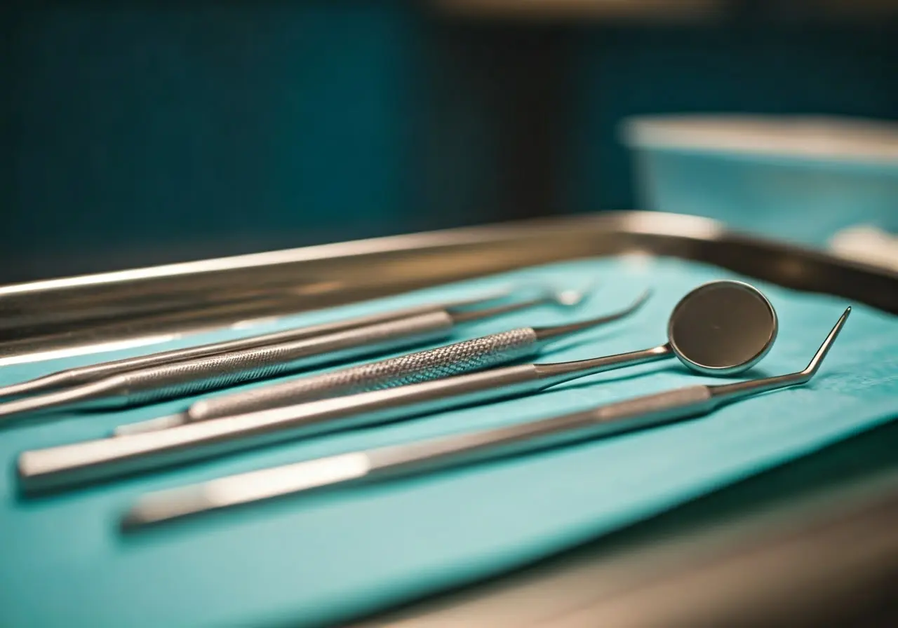 A close-up of dental tools on a sterile tray. 35mm stock photo