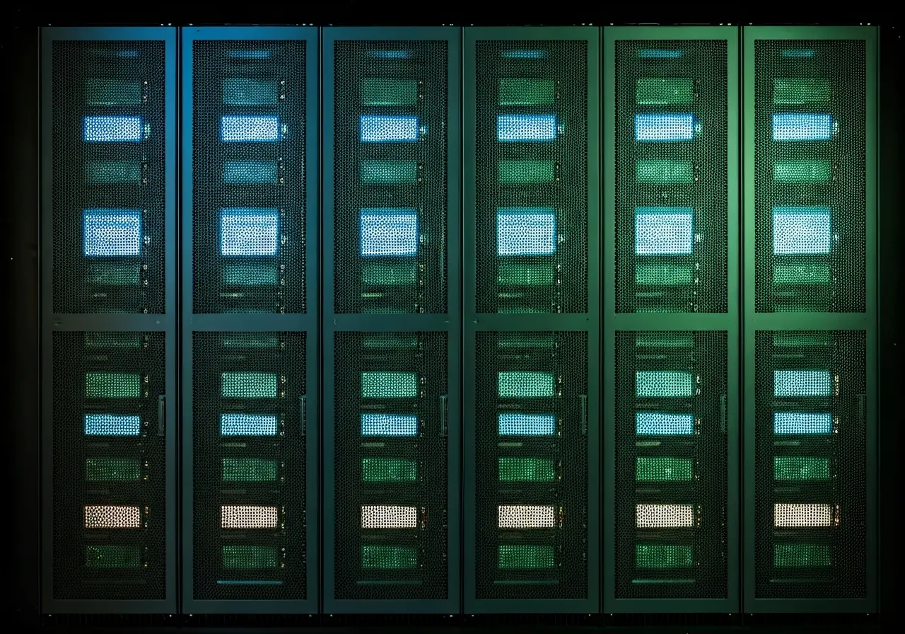 A computer server room with bright blue and green lights. 35mm stock photo