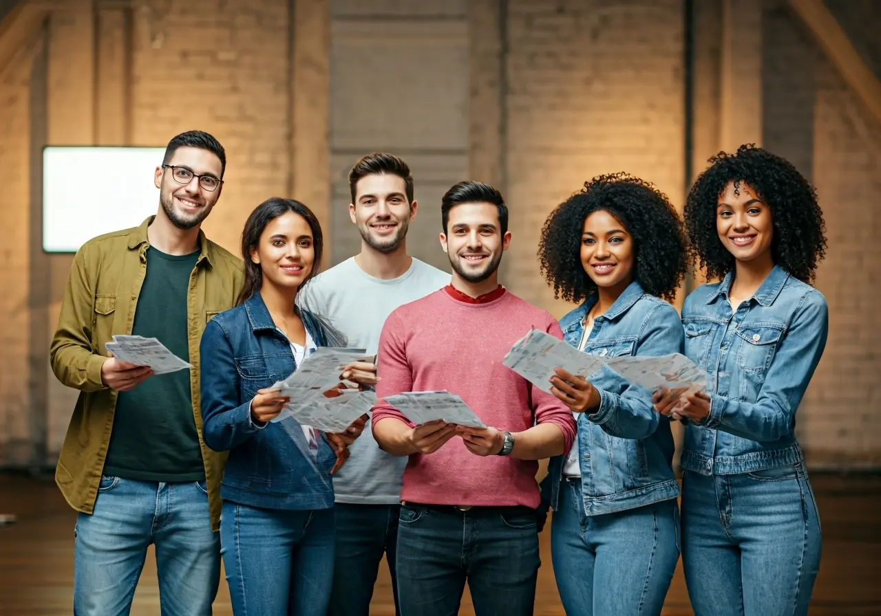 A group of diverse promotional staff handing out flyers. 35mm stock photo