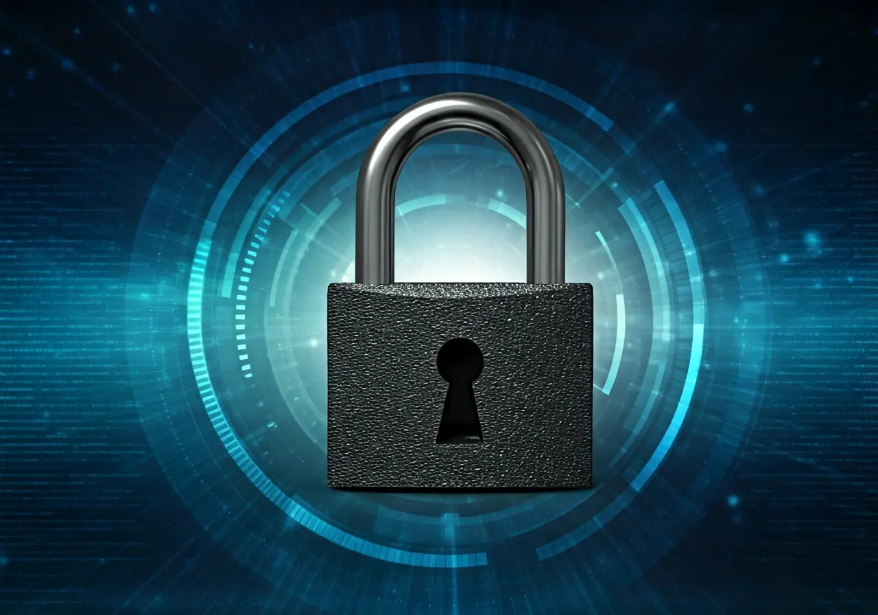 A locked padlock over a glowing digital network background. 35mm stock photo