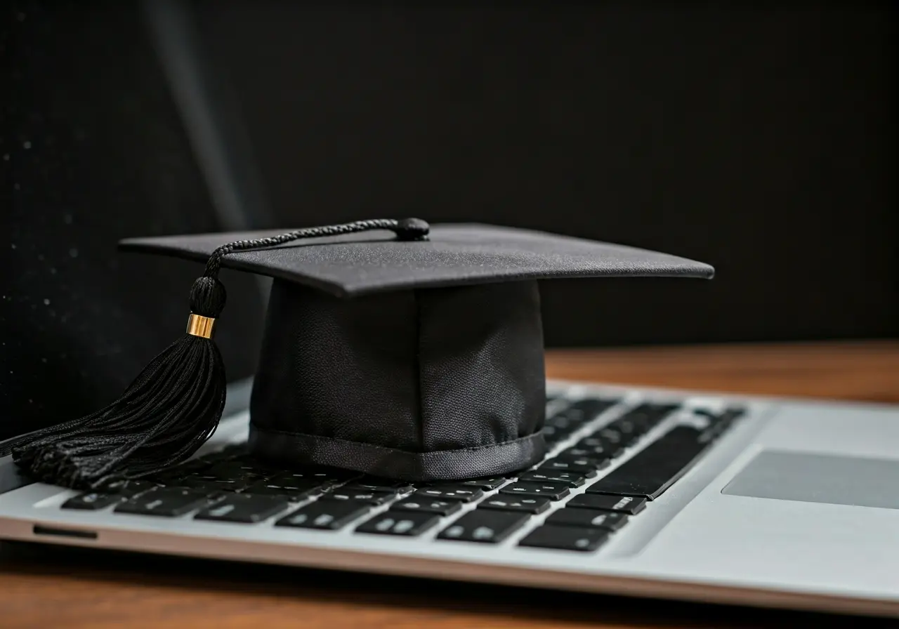 A graduation cap resting on a laptop keyboard. 35mm stock photo