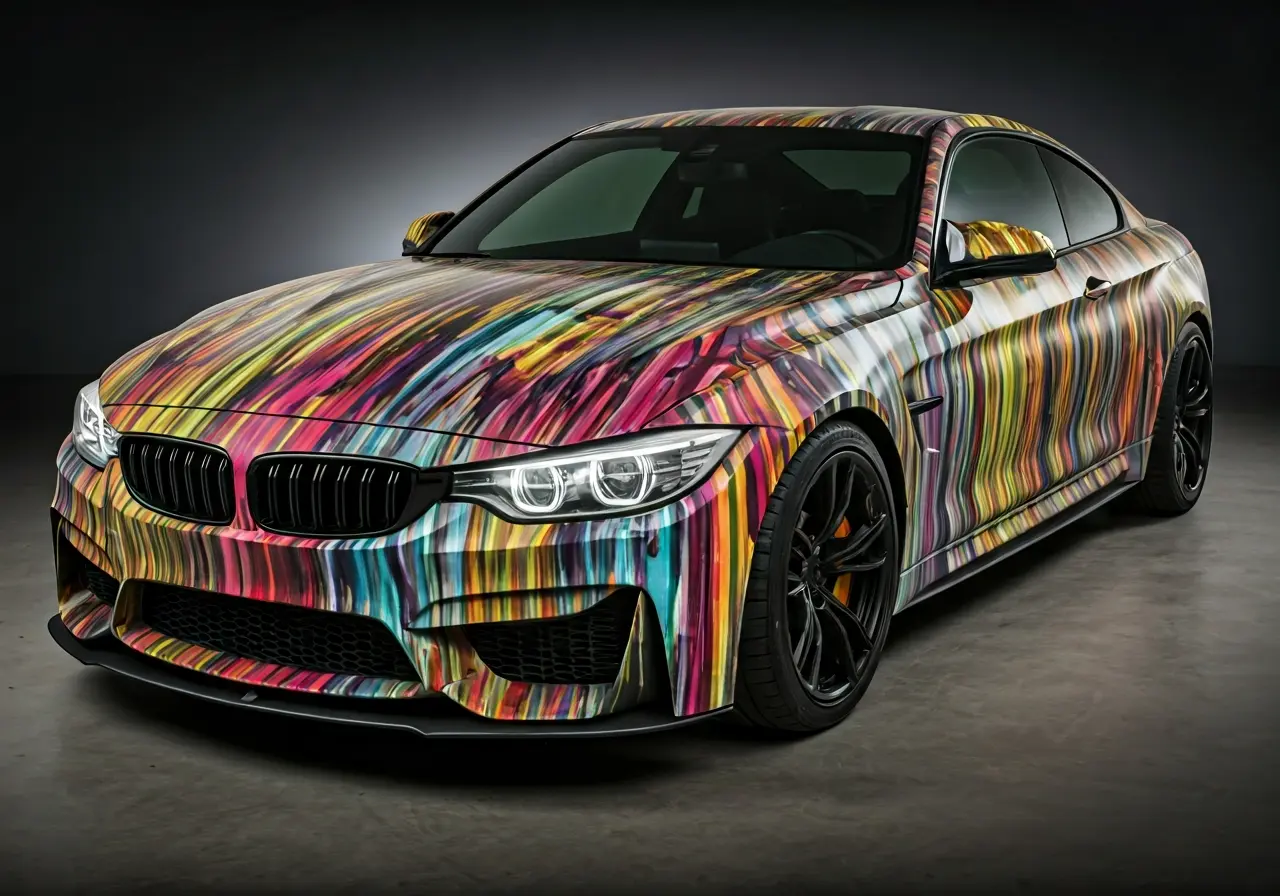 A close-up of a colorful car with a vinyl wrap. 35mm stock photo