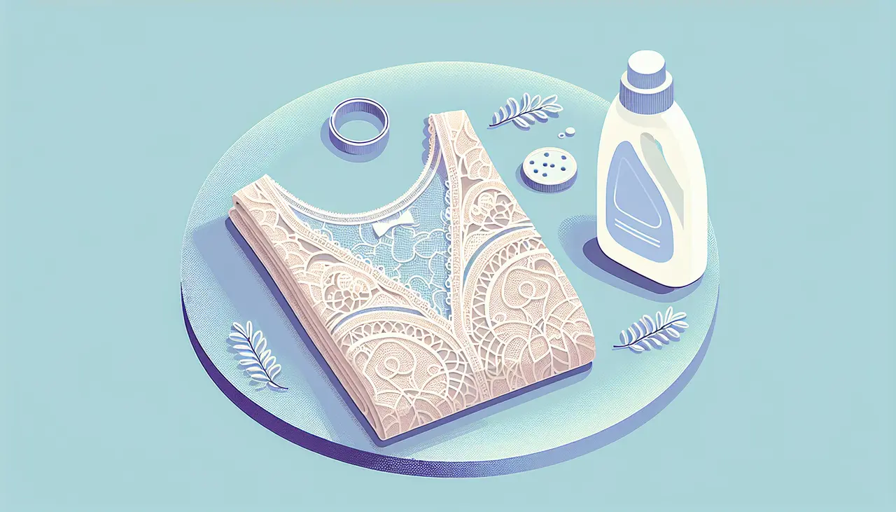 Draw a graphic in flat design style. A neatly folded lace bodysuit resting on a table with a bottle of gentle detergent beside it, all in soft pastel colors with a minimalist background.