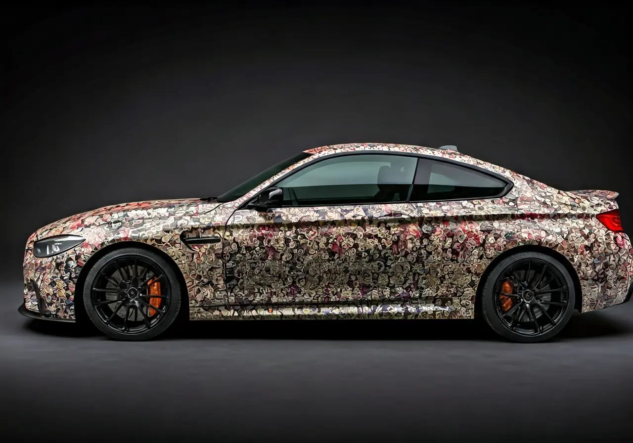 A sleek car with a vibrant, artistic wrap design. 35mm stock photo