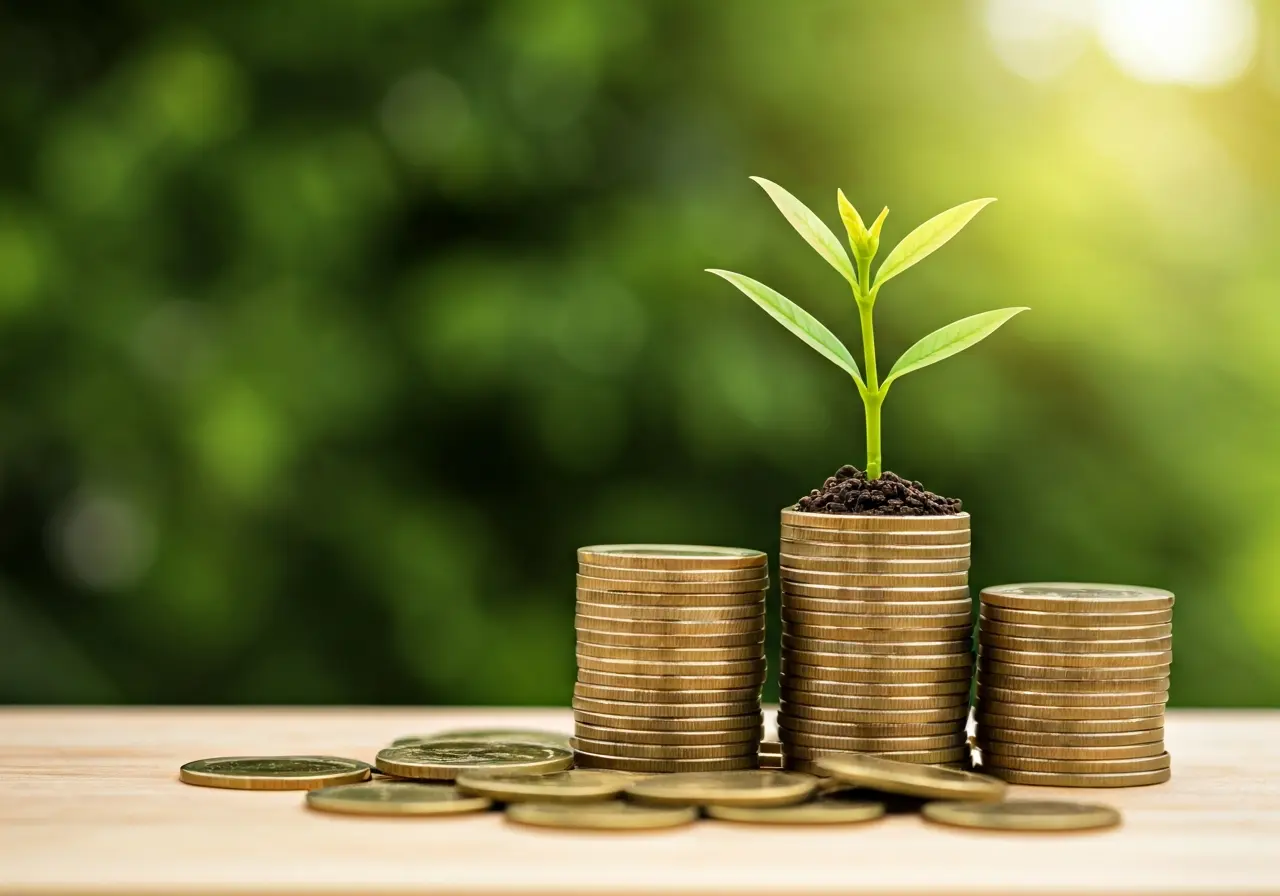 A stack of golden coins with a growing plant. 35mm stock photo