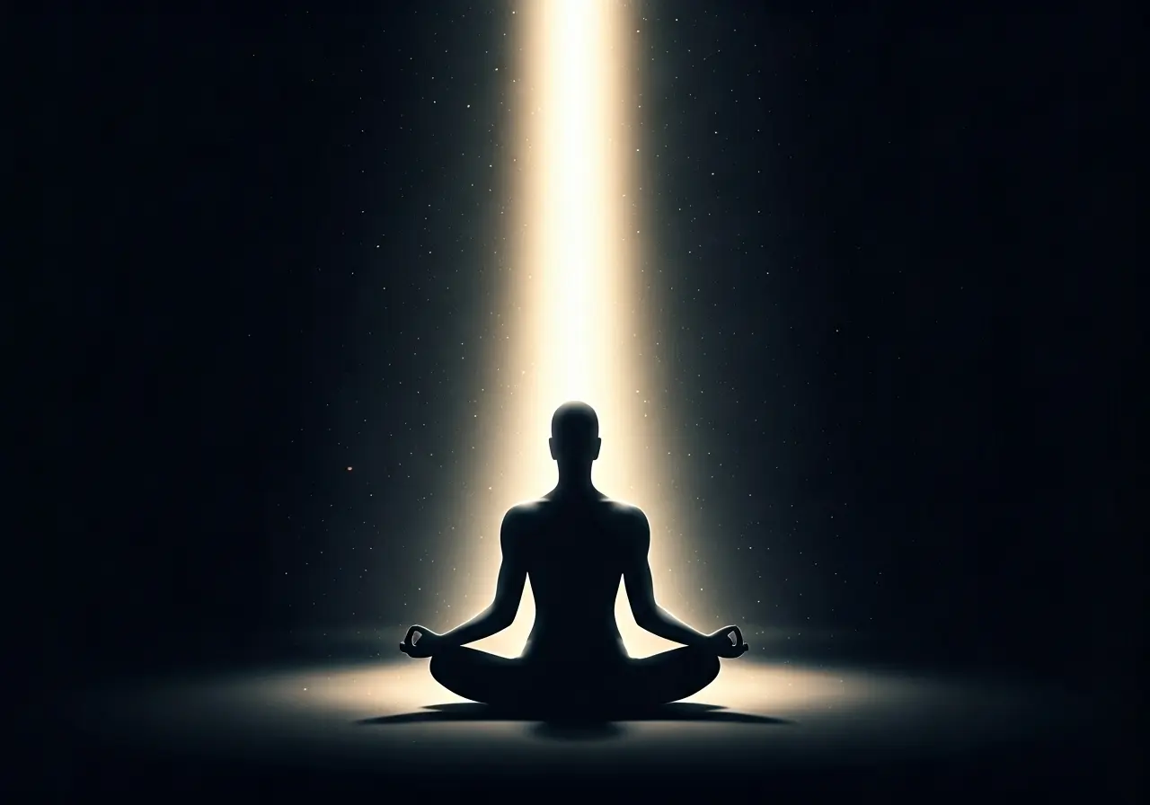 A glowing, ethereal light descending onto a meditating figure. 35mm stock photo
