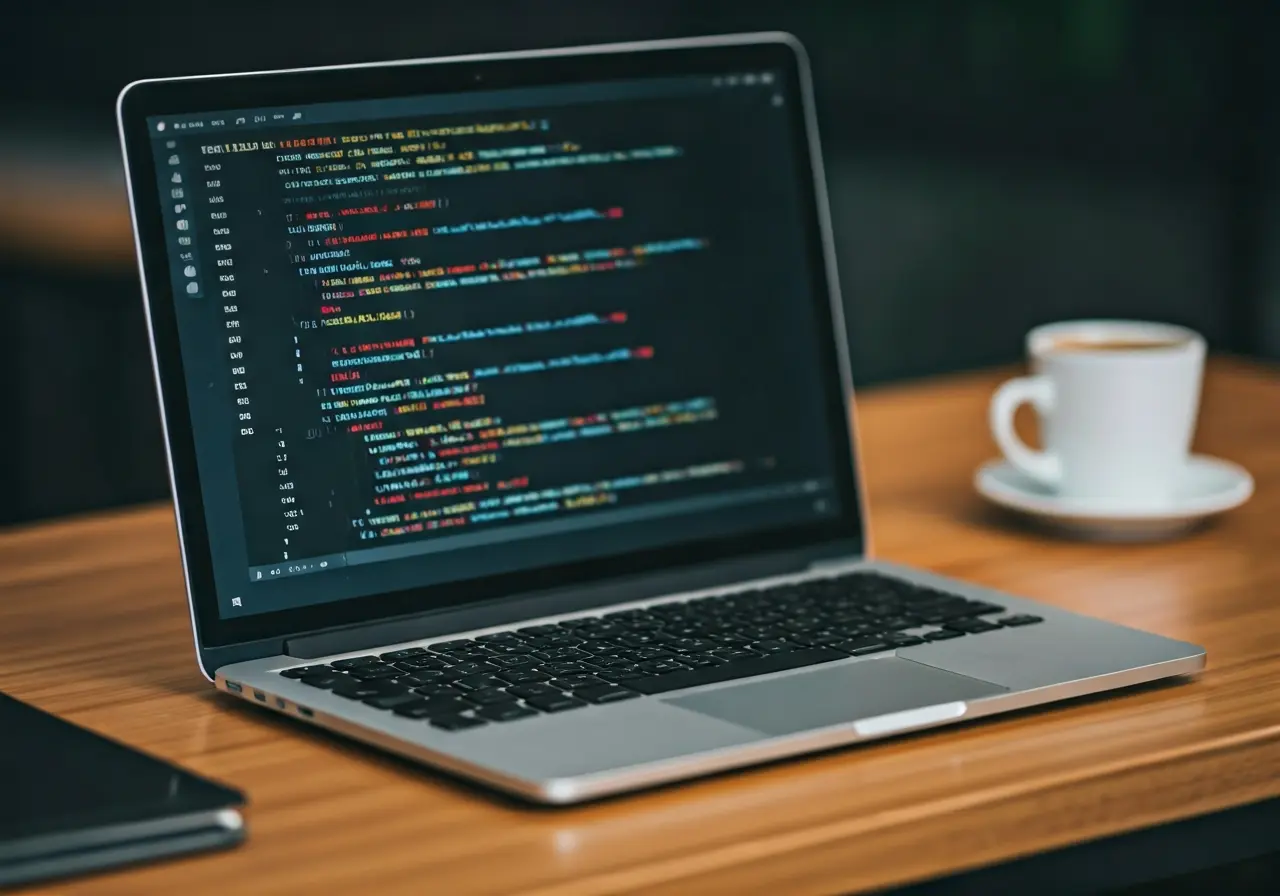 A laptop displaying code on a desk with coffee nearby. 35mm stock photo