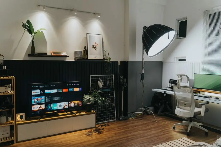 Stylish home office and living room space featuring modern furniture and contemporary design elements.