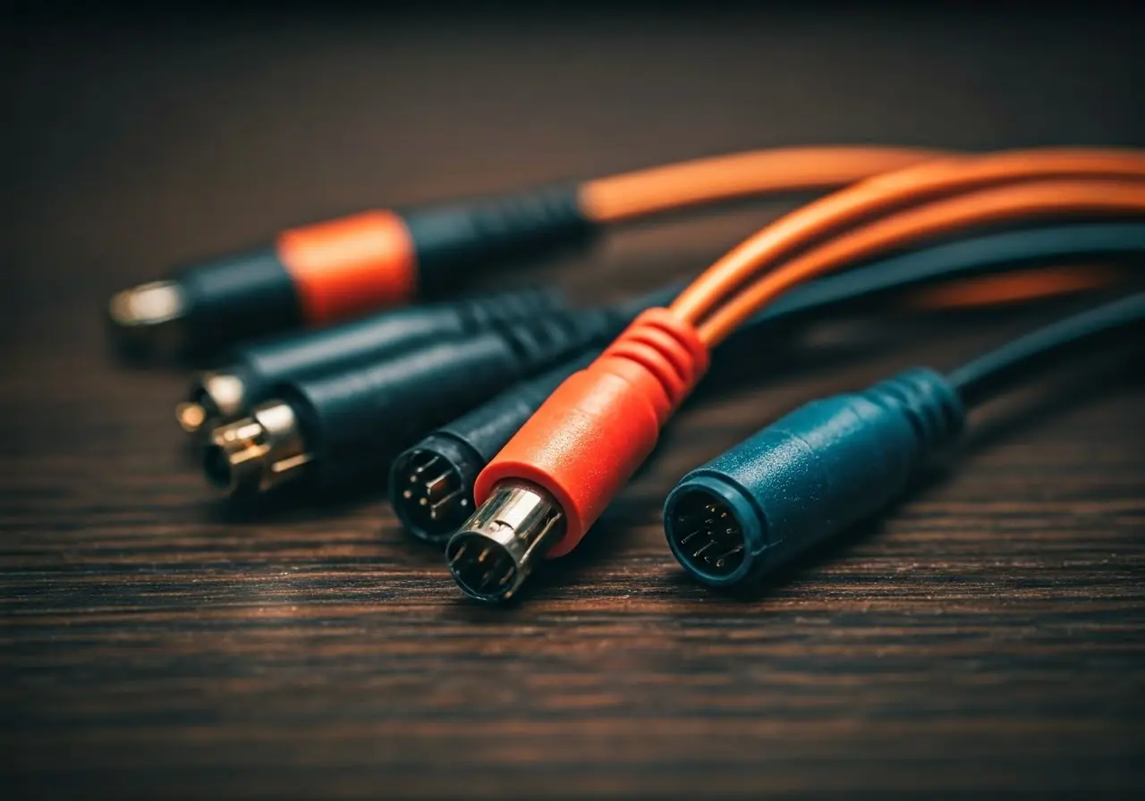 A close-up of various colorful cable connectors on a table. 35mm stock photo