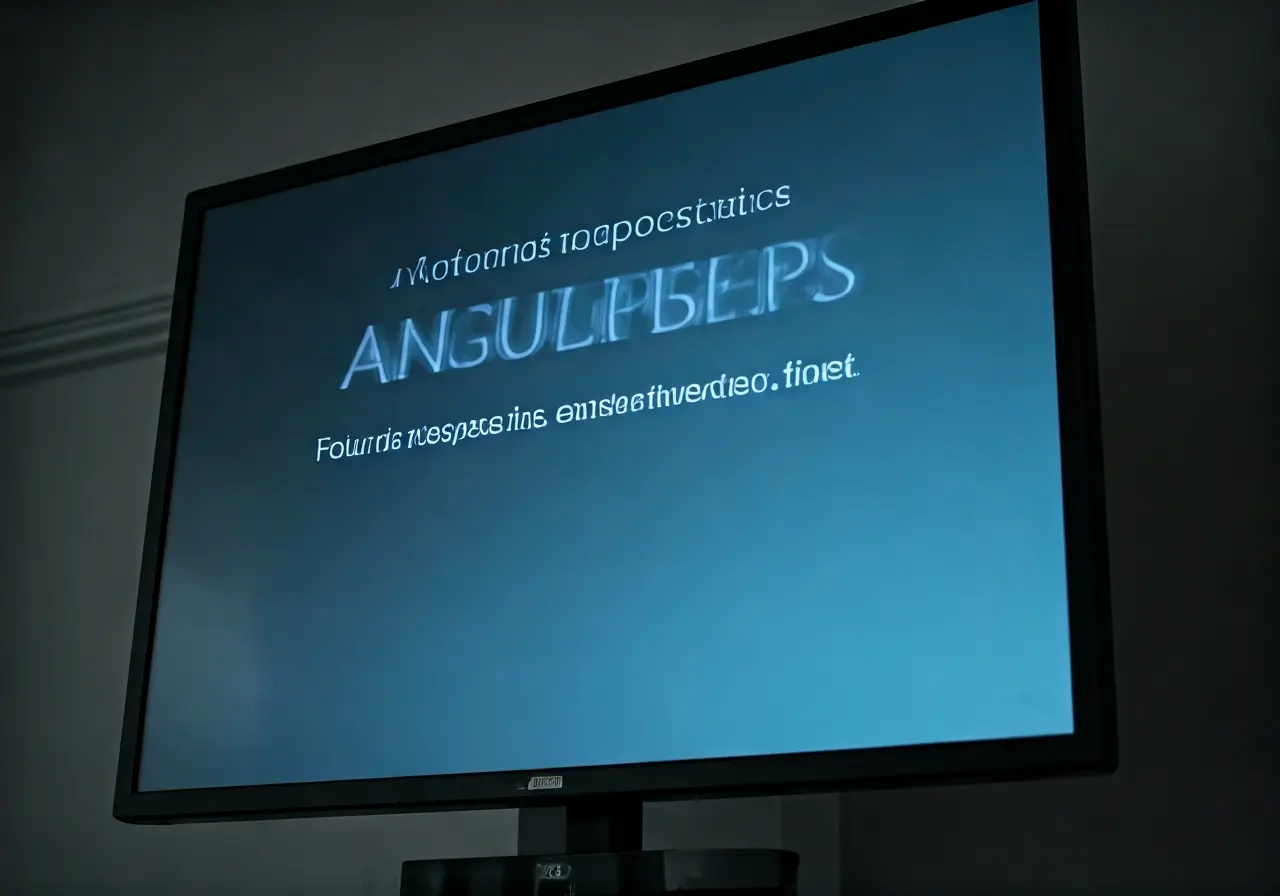 A digital screen displaying company announcements in a modern office. 35mm stock photo