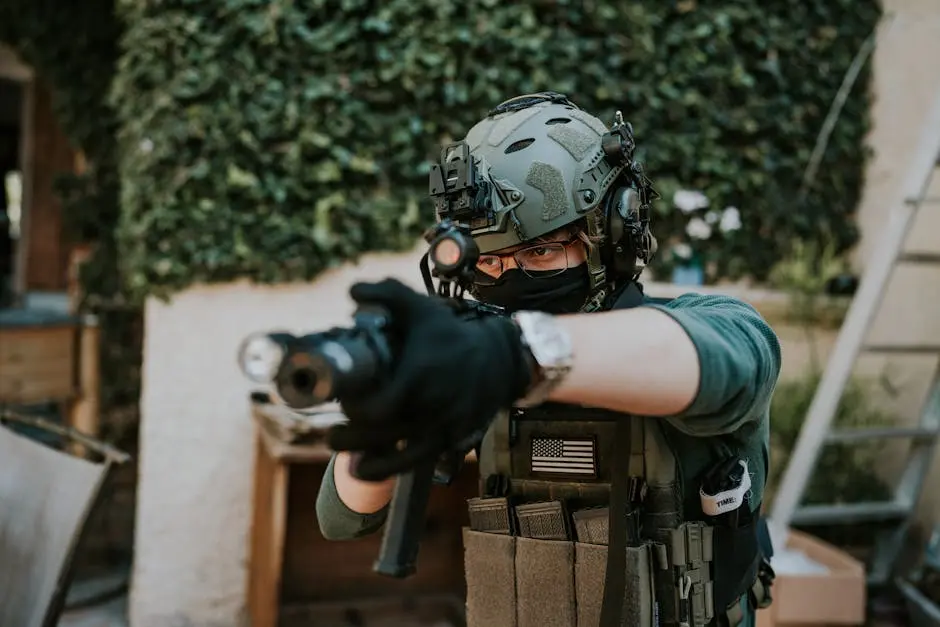 A soldier with tactical gear aiming a rifle outdoors, showcasing military readiness.