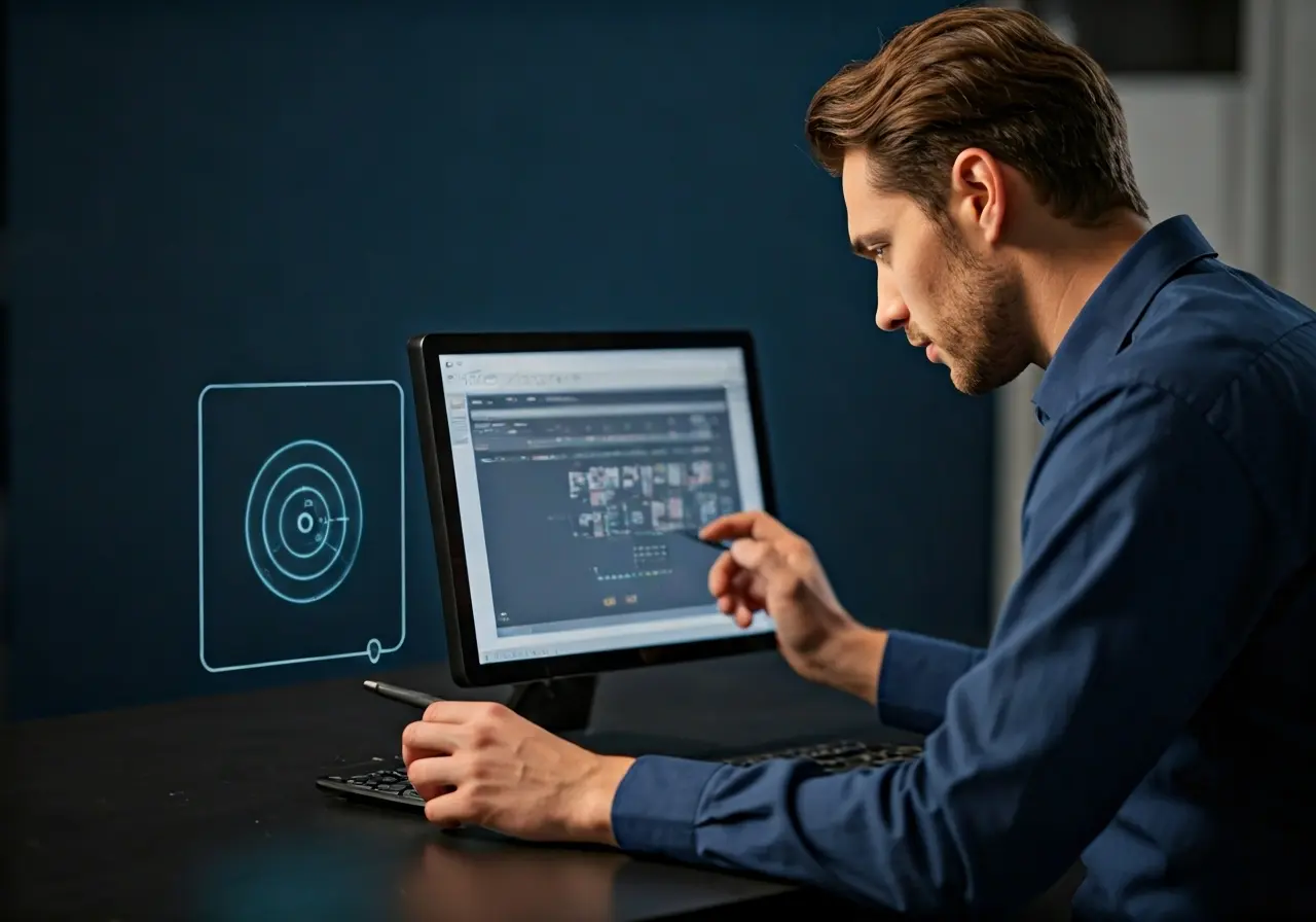 Computer technician working with smart building control panel. 35mm stock photo