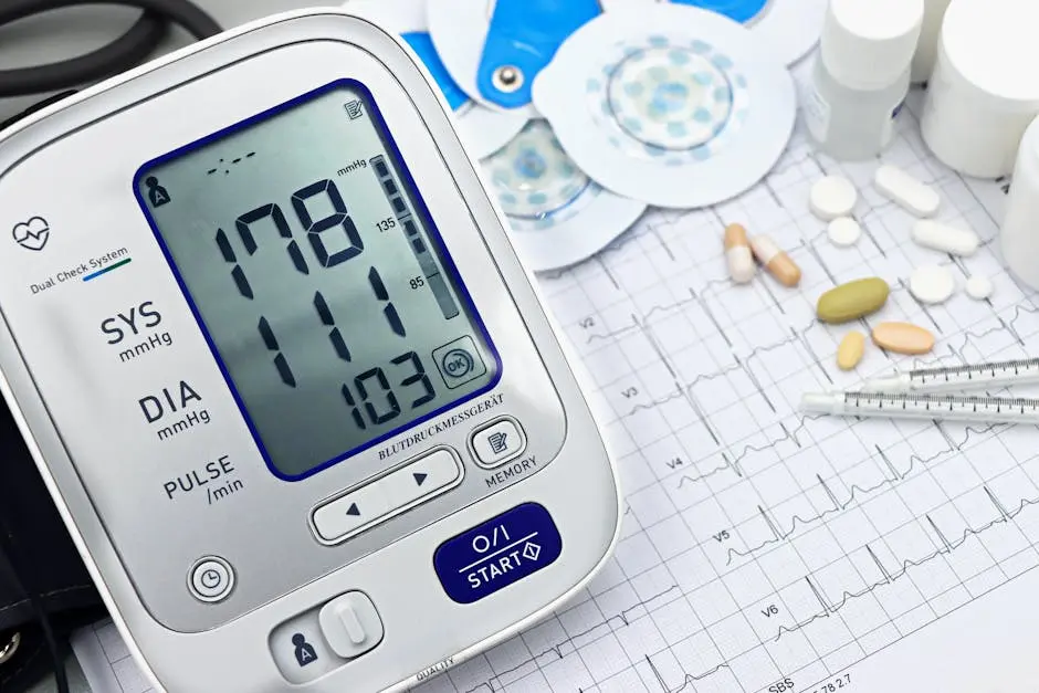 Close-up of a digital blood pressure monitor with ECG printout, pills, and medical tools.