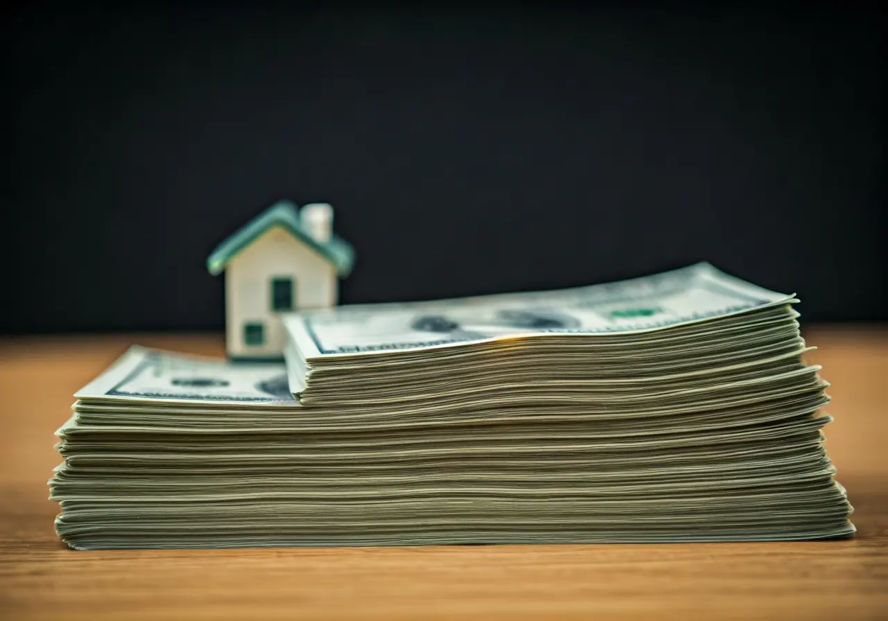 Stacks of cash next to a house model on a table. 35mm stock photo
