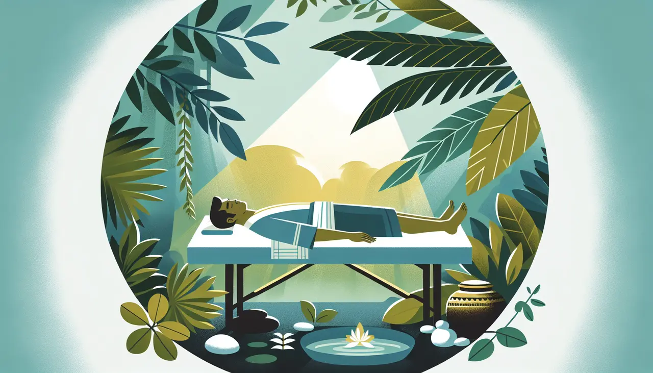 Draw a graphic in flat design style. A serene, minimalist flat design illustration of a person peacefully lying on a massage table surrounded by calming nature elements like leaves and soft ambient light.