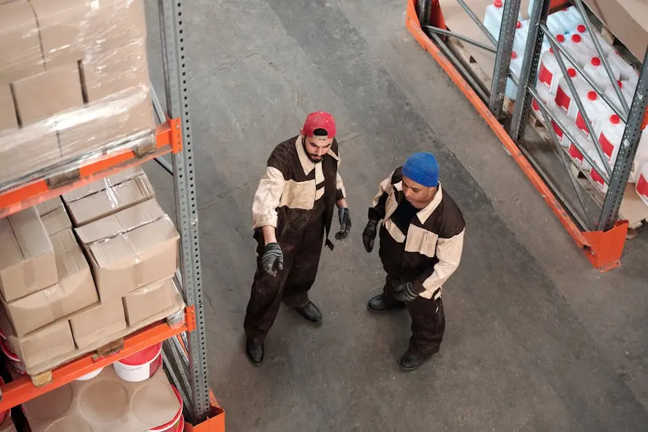 Two adult men in a warehouse communicating about storage logistics, surrounded by shelves of packages.