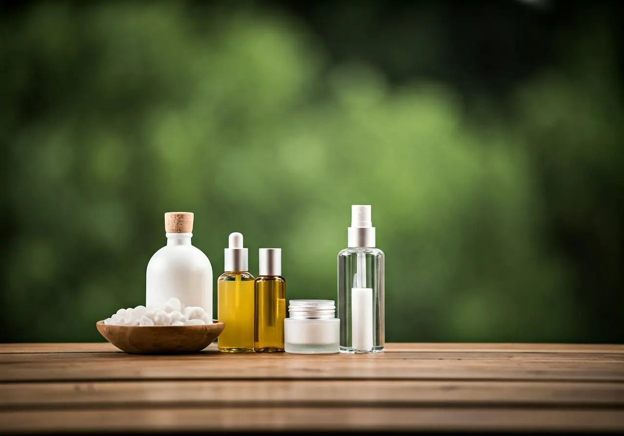 A serene spa setting with skincare products and soft lighting. 35mm stock photo