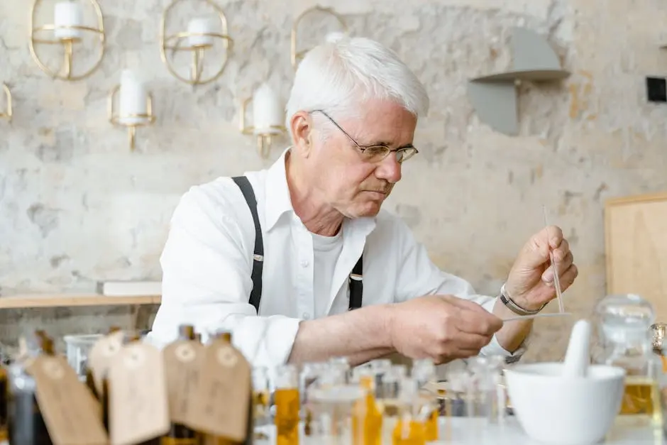 A senior man skillfully crafting perfumes in an artisanal setting, surrounded by glass bottles.