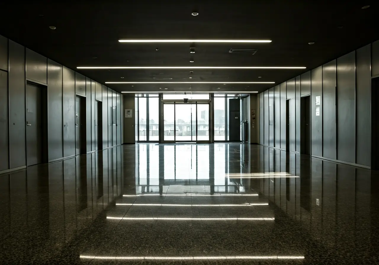 Sparkling clean office lobby with polished floors and bright lighting. 35mm stock photo