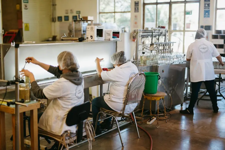 Workers in a Mexican distillery bottling tequila with traditional methods.