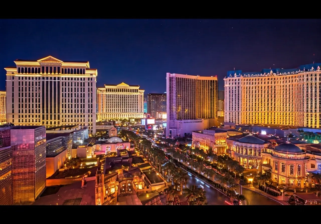 A bustling Las Vegas skyline with bright lights and casinos. 35mm stock photo