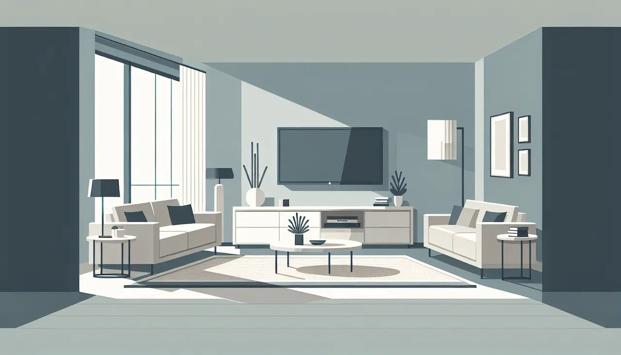 Draw a graphic in flat design style. A minimalist flat design image of a modern living room with sleek furniture, large windows, and a neutral color palette.