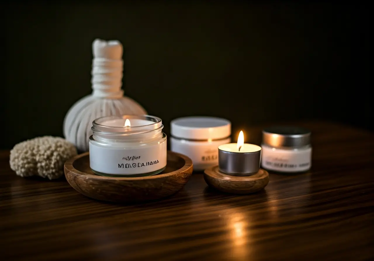A serene spa setting with candles and skincare products. 35mm stock photo