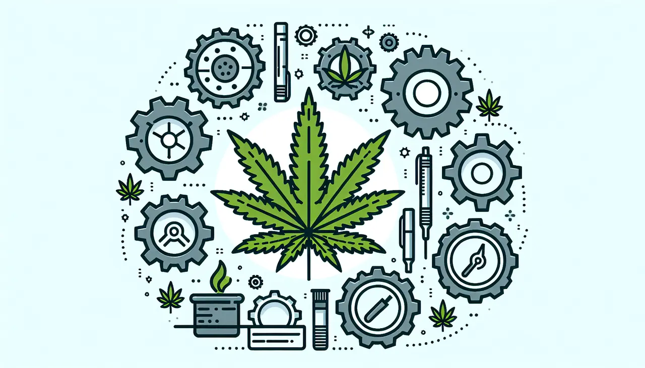 Draw a graphic in flat design style. A flat design illustration of a cannabis plant with gears around it, symbolizing consulting, set against a clean, minimal background.