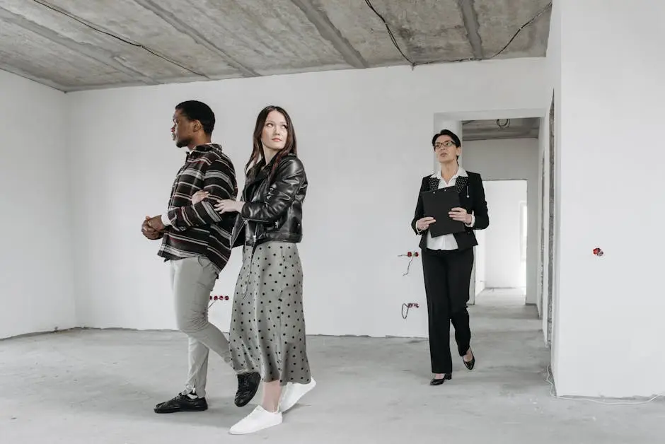 A real estate agent guides potential buyers through a modern home&rsquo;s unfinished interior.