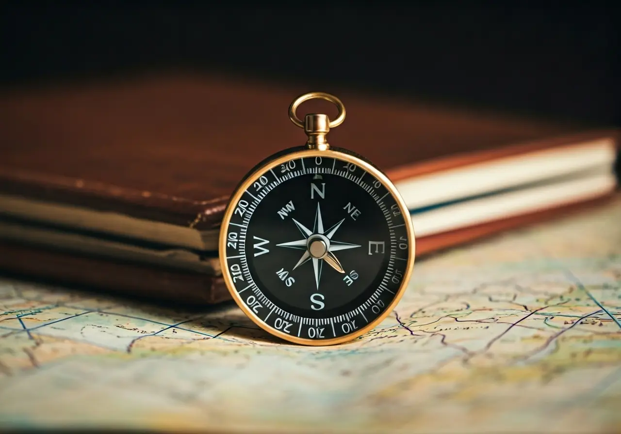 A compass on a map symbolizing direction and strategy. 35mm stock photo