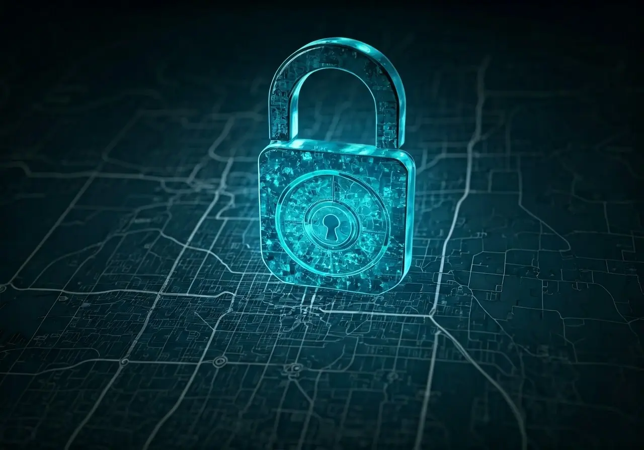 A digital lock symbol over a map of Spokane. 35mm stock photo
