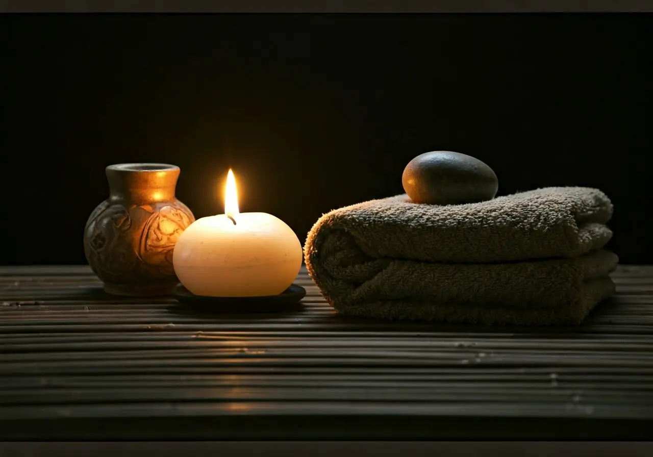 A serene spa setting with candles and soft towels. 35mm stock photo